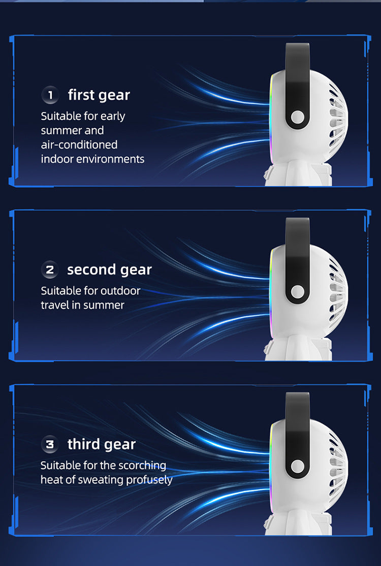 White Astronaut Portable Fan - USB Rechargeable Desk Fan with RGB Night Light