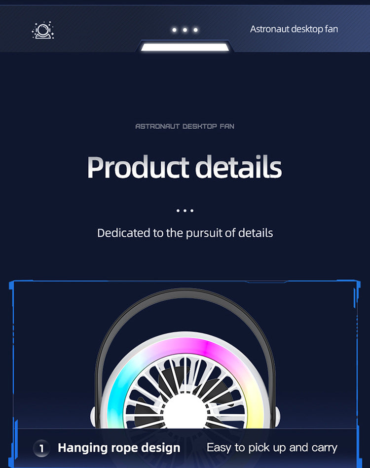 Green Astronaut Portable Fan - USB Rechargeable Desk Fan with RGB Night Light