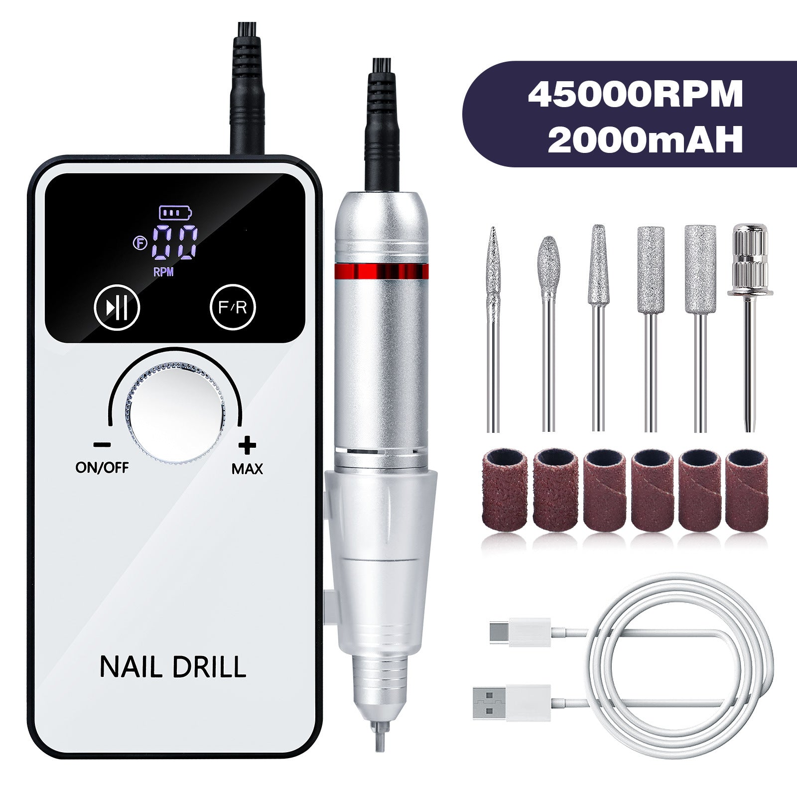 White Portable Electric Nail Drill - Rechargeable, Adjustable Speed, Low Vibration