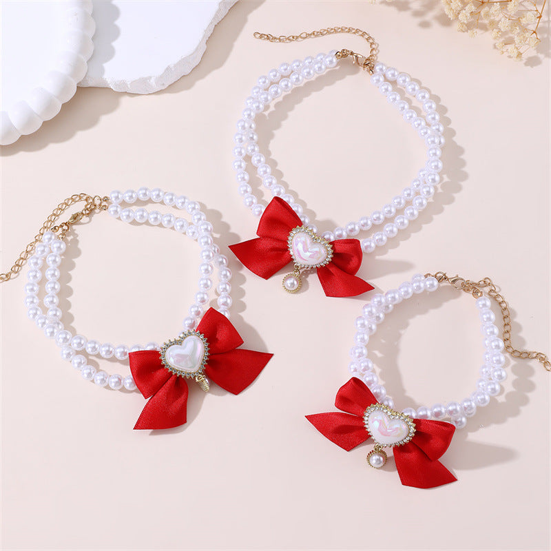 2 - PCS Cute Pet Pearl Necklace Collar with Red Bow and Heart Charm - Size S
