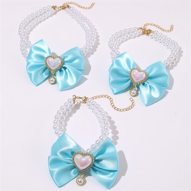 2 - PCS Cute Pet Pearl Necklace Collar with Blue Bow and Heart Charm - Size M
