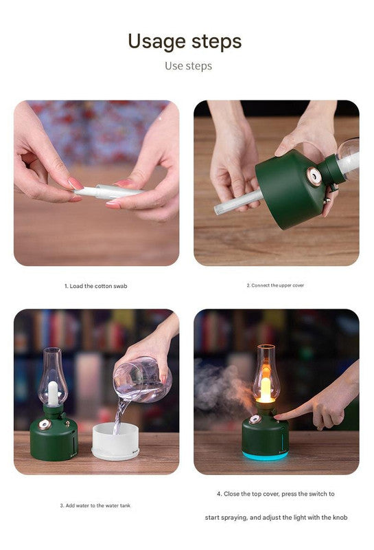 White Retro Kerosene Lamp Humidifier - Rechargeable Cool Mist Maker with Dimmable Light