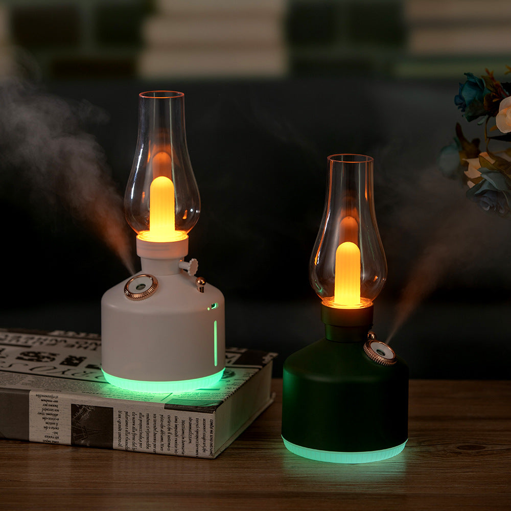 Green Retro Kerosene Lamp Humidifier - Rechargeable Cool Mist Maker with Dimmable Light