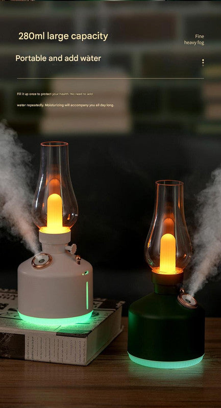 Green Retro Kerosene Lamp Humidifier - Rechargeable Cool Mist Maker with Dimmable Light