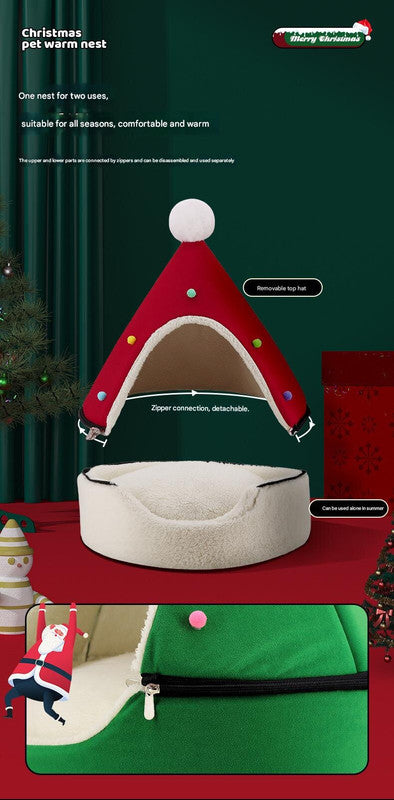 Festive Detachable Pet House - Cozy Red Santa Hat Design (S - 37x46cm)