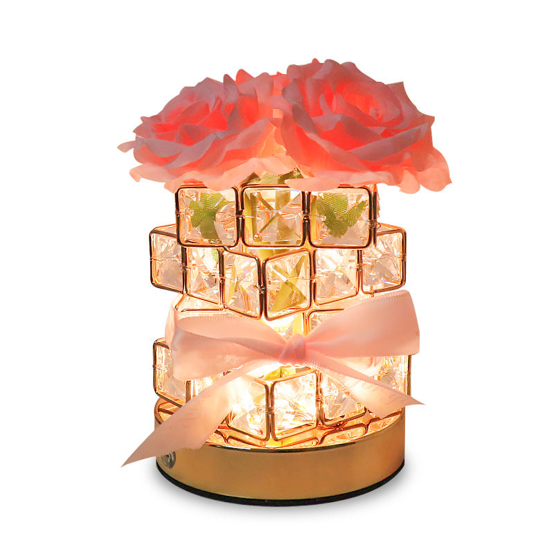 Pink Rose LED Crystal Flower Table Lamp - USB Rechargeable Touch Control Night Light