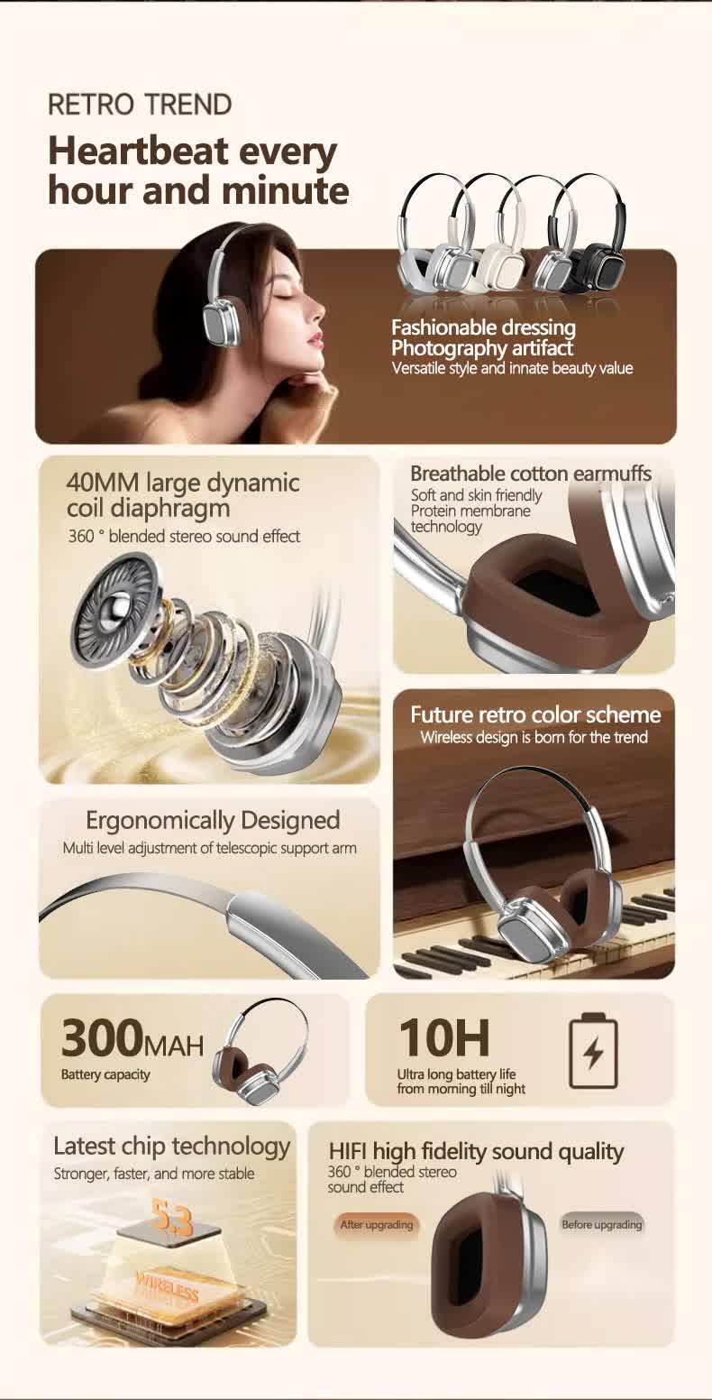 Silver And Brown Compact Retro Headphones - Wireless Bluetooth, Deep Bass, Immersive Sound