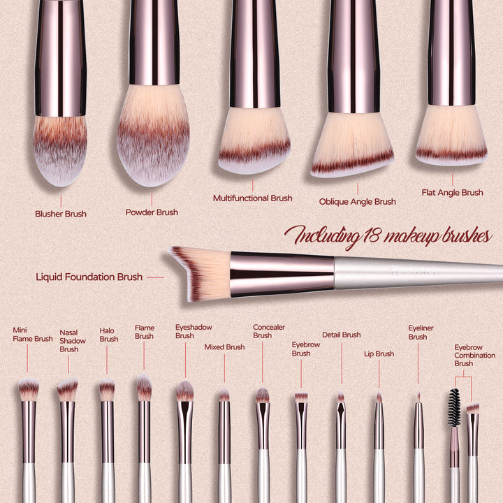Beige 18-Piece Makeup Brush Set - Professional Synthetic Fiber Brushes with Wooden Handles for Flawless Beauty