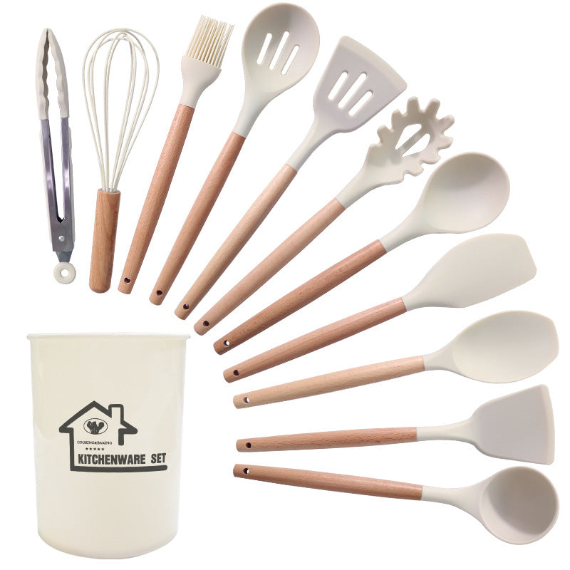 White And Brown 12-Piece Silicone Kitchen Utensil Set - Non-Stick Food-Grade Silicone Cooking Tools with Wooden Handles and Holder