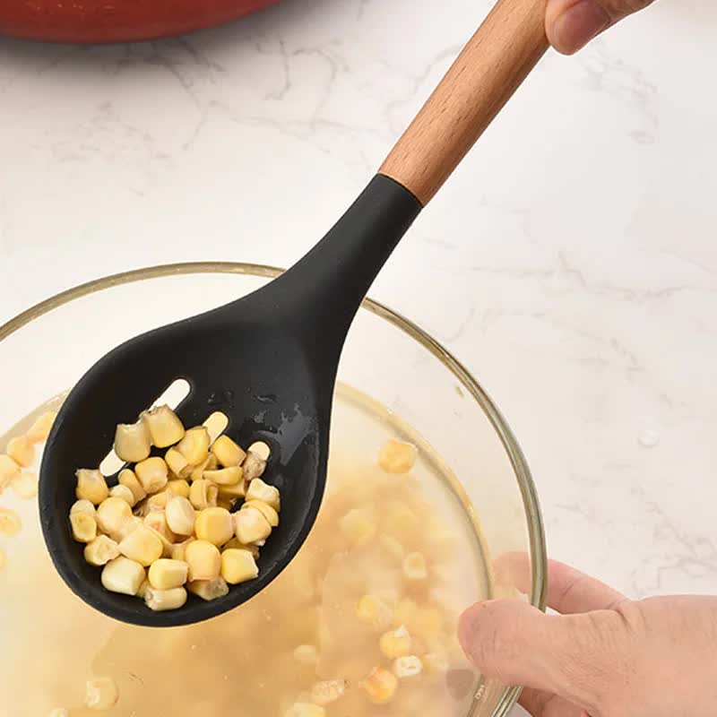 White And Brown 12-Piece Silicone Kitchen Utensil Set - Non-Stick Food-Grade Silicone Cooking Tools with Wooden Handles and Holder