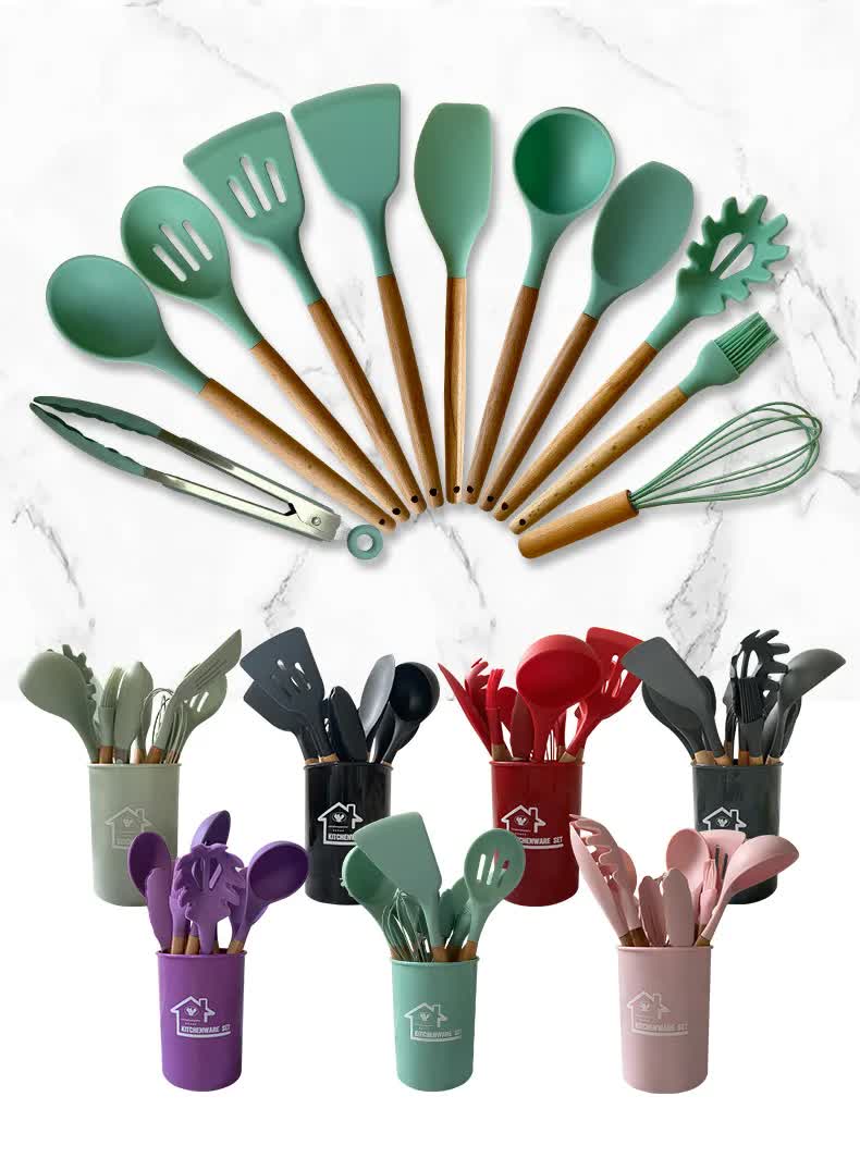 Light Green And Brown 12-Piece Silicone Kitchen Utensil Set - Non-Stick Food-Grade Silicone Cooking Tools with Wooden Handles and Holder