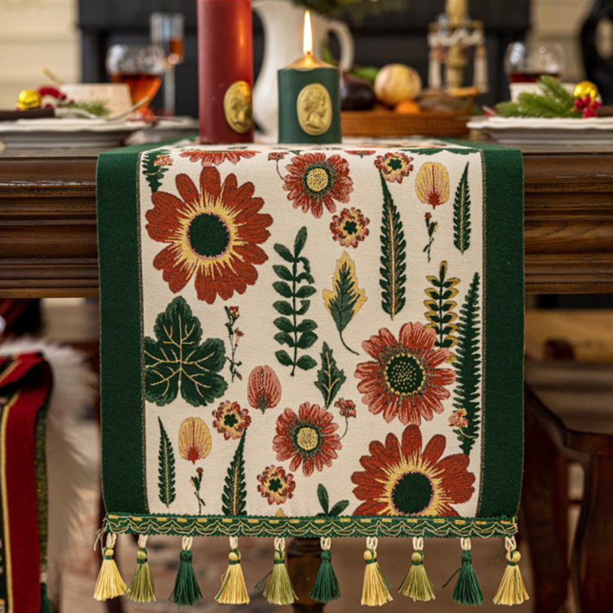 35x160cm Green Pastoral Table Runner - Spring Floral Oil Painting Style with Tassels