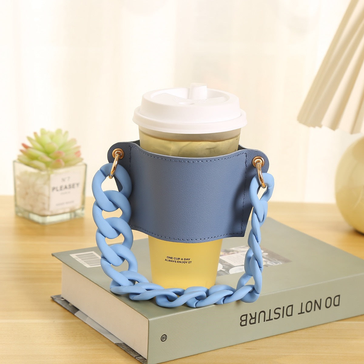 2 Pcs Blue Detachable Chain Coffee Cup Sleeve - PU Leather Insulated Cup Holder with Handle, 16cm Top, 70g(Cup not included, only cup sleeve and chain)