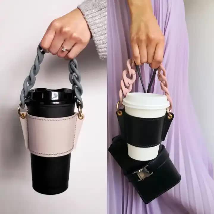 2 Pcs Blue Detachable Chain Coffee Cup Sleeve - PU Leather Insulated Cup Holder with Handle, 16cm Top, 70g(Cup not included, only cup sleeve and chain)