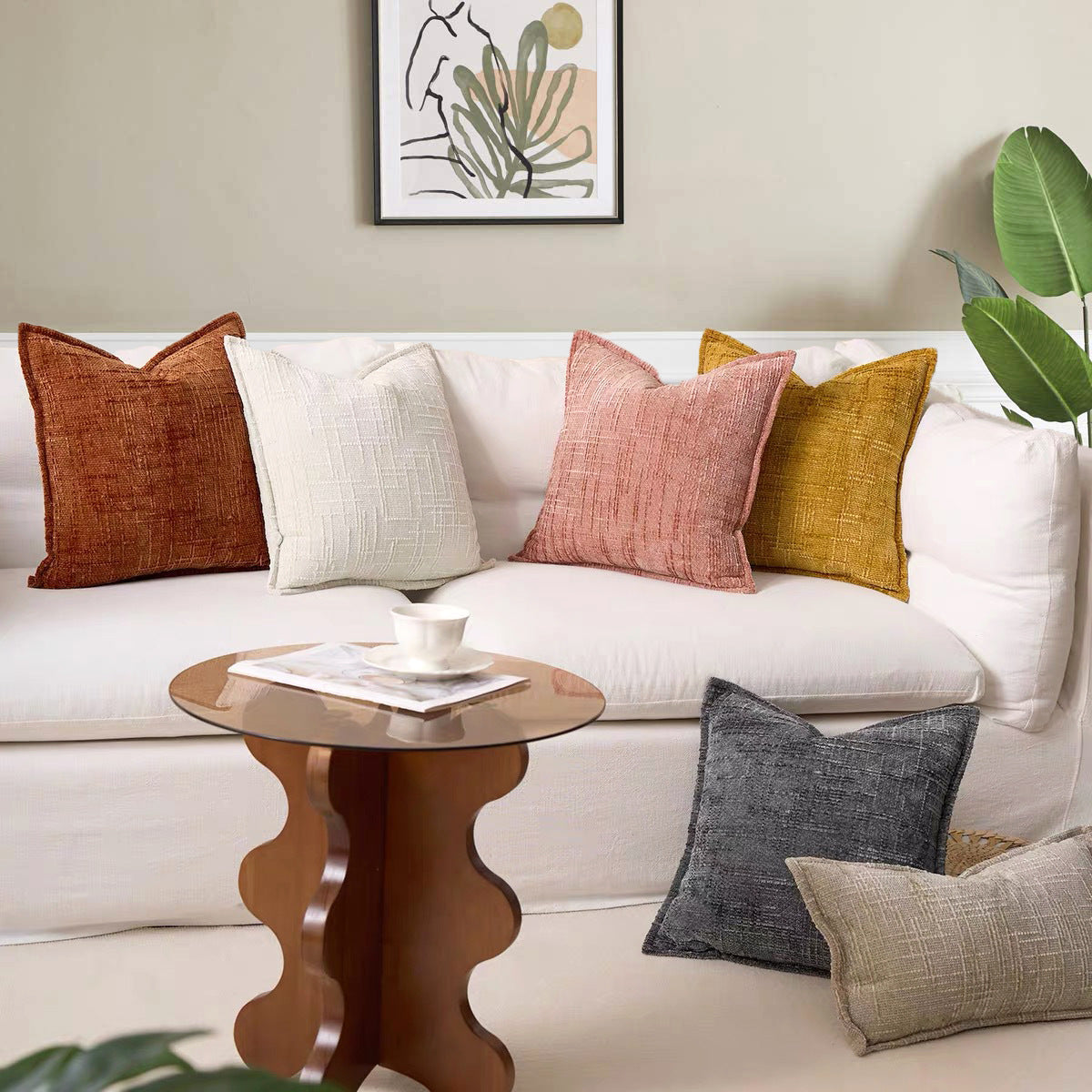 Oatmeal Chenille Crosshatch Textured Pillow Covers Set of 2 - Modern Minimalist Sofa Bed Cushion Covers 45x45cm & 30x50cm(without pillow core)