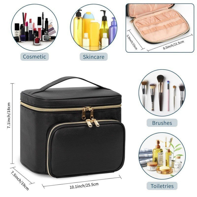 Black Portable Travel Makeup Bag with Brush Compartment - Stylish PU Leather Cosmetic Organizer for Skincare and Toiletry Storage