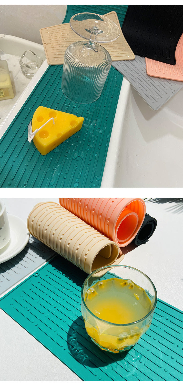 30*14.5CM Green Silicone Draining Mat 4-Pack - Heat-Resistant Non-Slip Kitchen and Bathroom Pad for Cups and Utensils