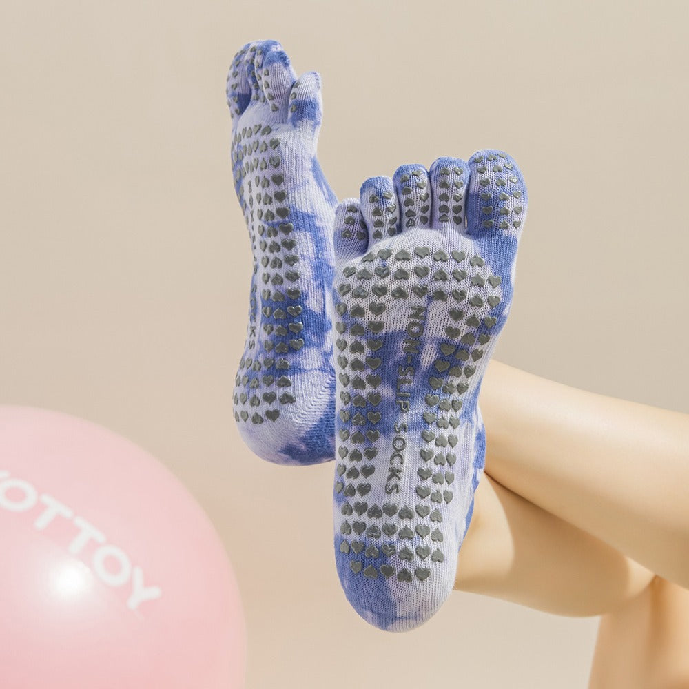 2 Pairs Light Green Tie-Dye Non-Slip Yoga Socks for Women - Five-Toe Cotton Blend Socks for Pilates and Indoor Sports