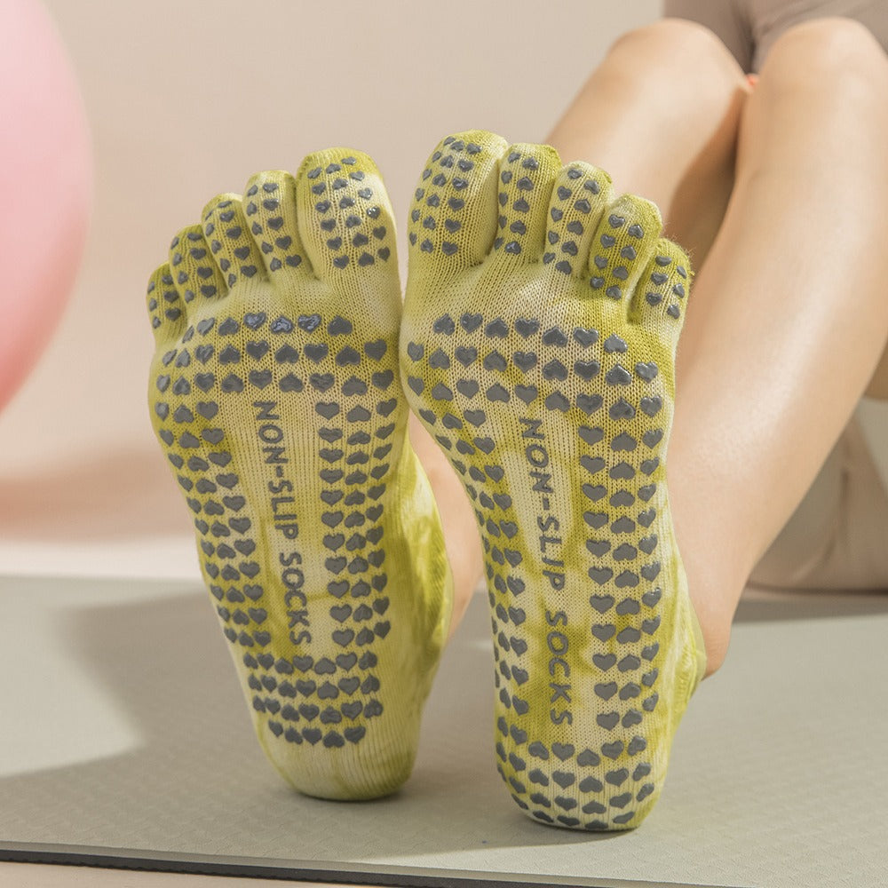 2 Pairs Green Tie-Dye Non-Slip Yoga Socks for Women - Five-Toe Cotton Blend Socks for Pilates and Indoor Sports