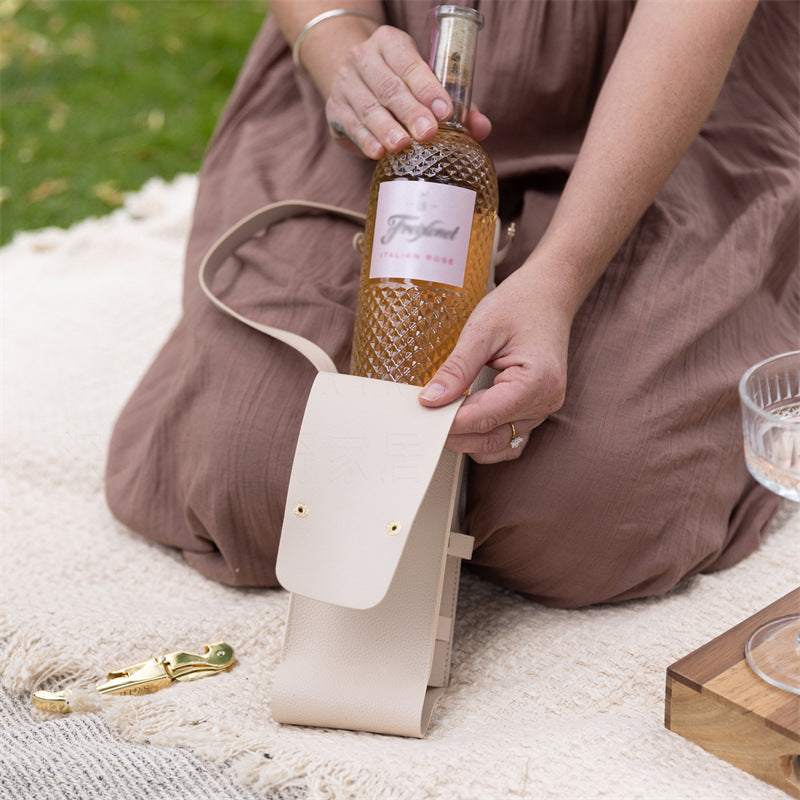 Black Leather-Look Single Wine Bottle Carrier Bag with Handle and Side Pocket for Opener(Red wine and bottle opener are props for shooting and are not included)