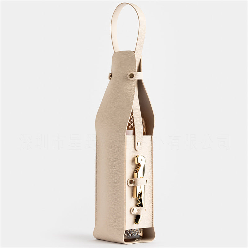 Beige Leather-Look Single Wine Bottle Carrier Bag with Handle and Side Pocket for Opener(Red wine and bottle opener are props for shooting and are not included)