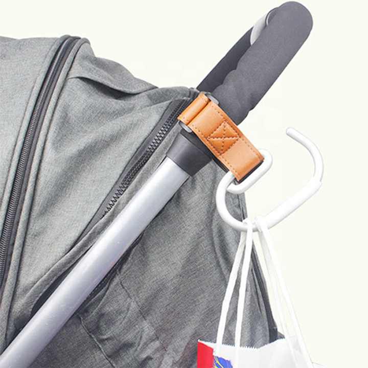 Black Stroller Hooks 4-Pack - Leather and Alloy Pram Hooks with Velcro for Mom Bags and Accessories