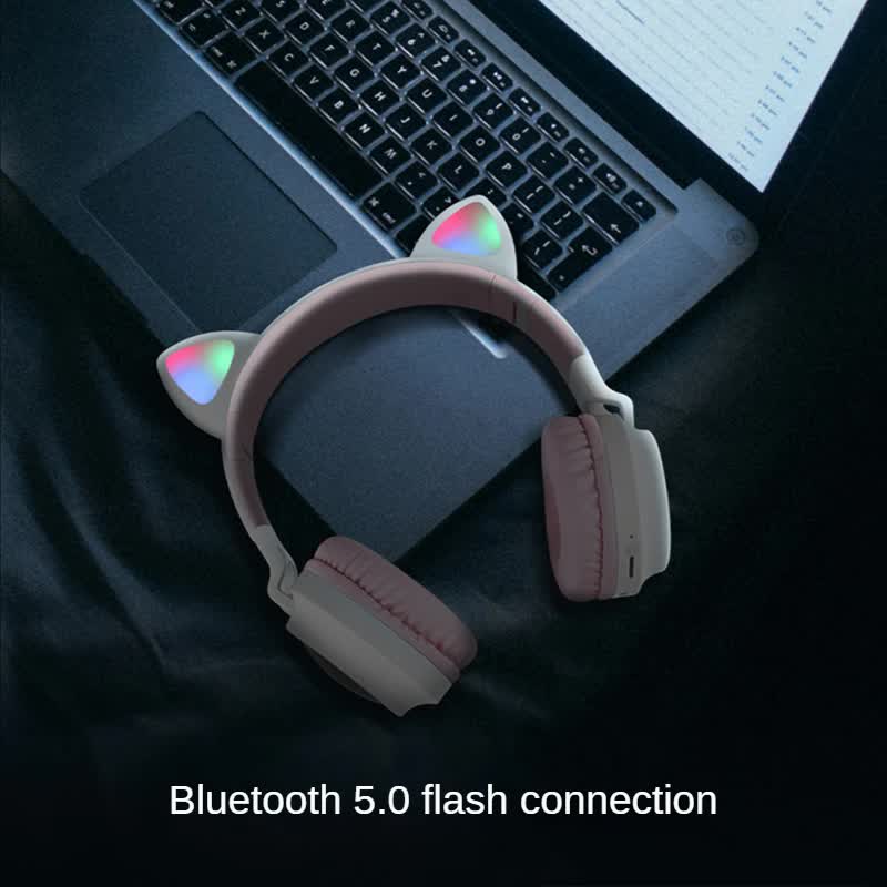 Pink Cat Ear Bluetooth Headphones with LED Lights - Wireless, Foldable