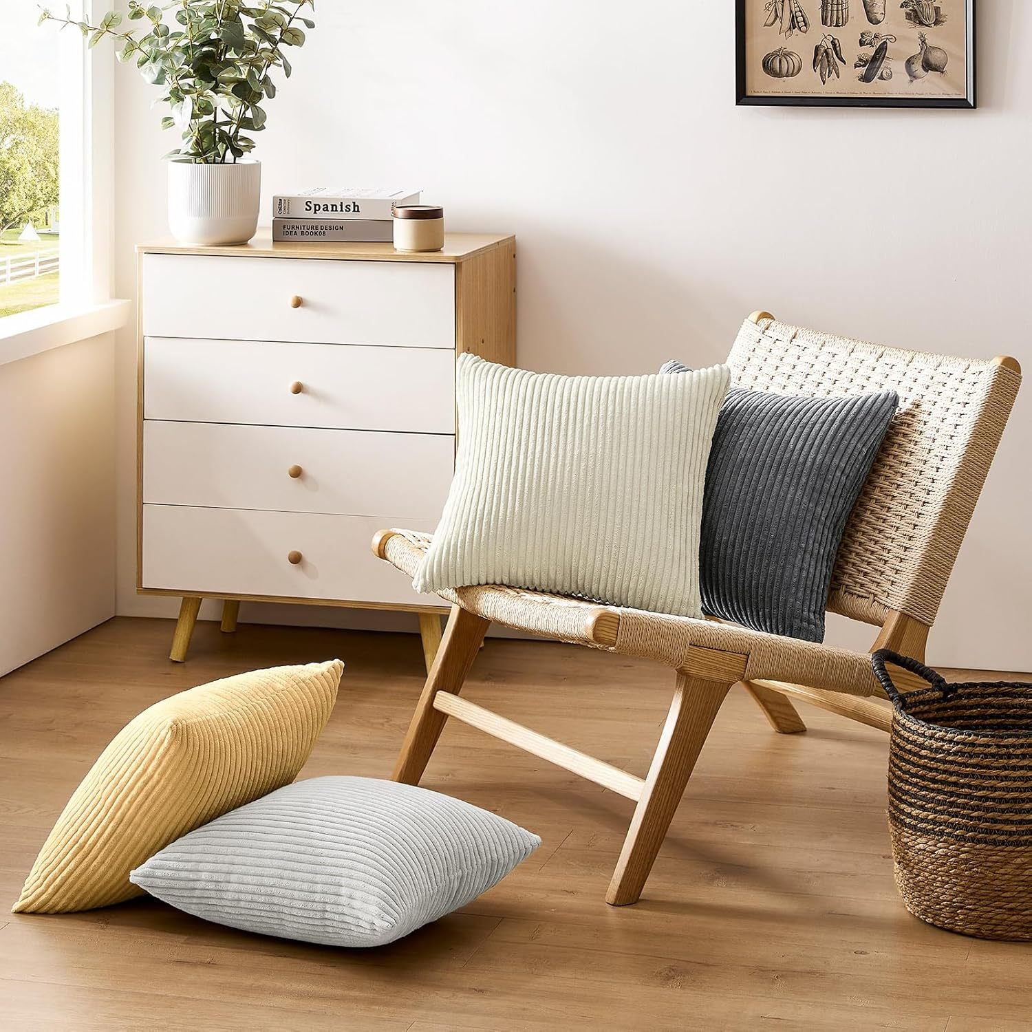 Light Grey Plush Striped Pillow Covers 45x45cm - Set of 4 Corduroy-Style Cushion Covers with Invisible Zipper, Soft and Washable for Sofa Decor