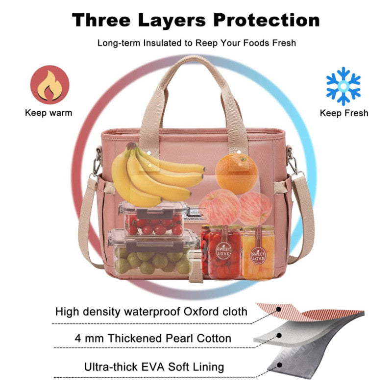 Pink Spacious Insulated Lunch Bag - Wide Open Design, Removable Strap, Side Water Bottle Pockets - Perfect for Work, Picnic & Travel