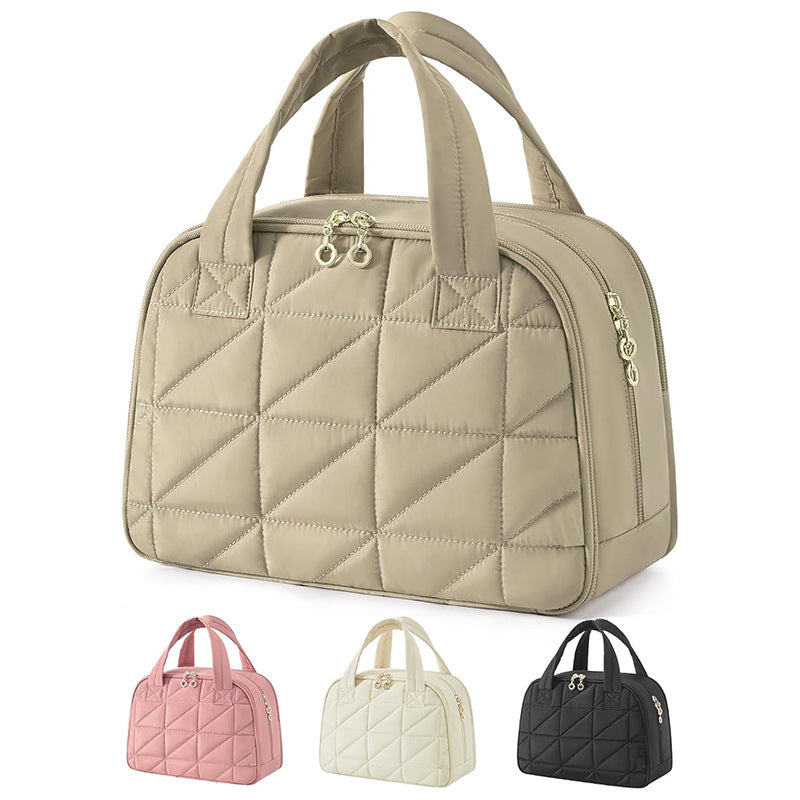 Khaki Large Capacity Travel Toiletry Bag with Wide Opening - Puffy Nylon Makeup Organizer with Waterproof PVC Layer