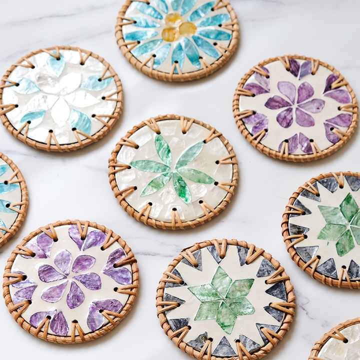 4 Pcs Beige Background With Green flower Handcrafted Rattan Coaster with Natural Shell Inlay - Decorative & Heat Insulating Drink Mat
