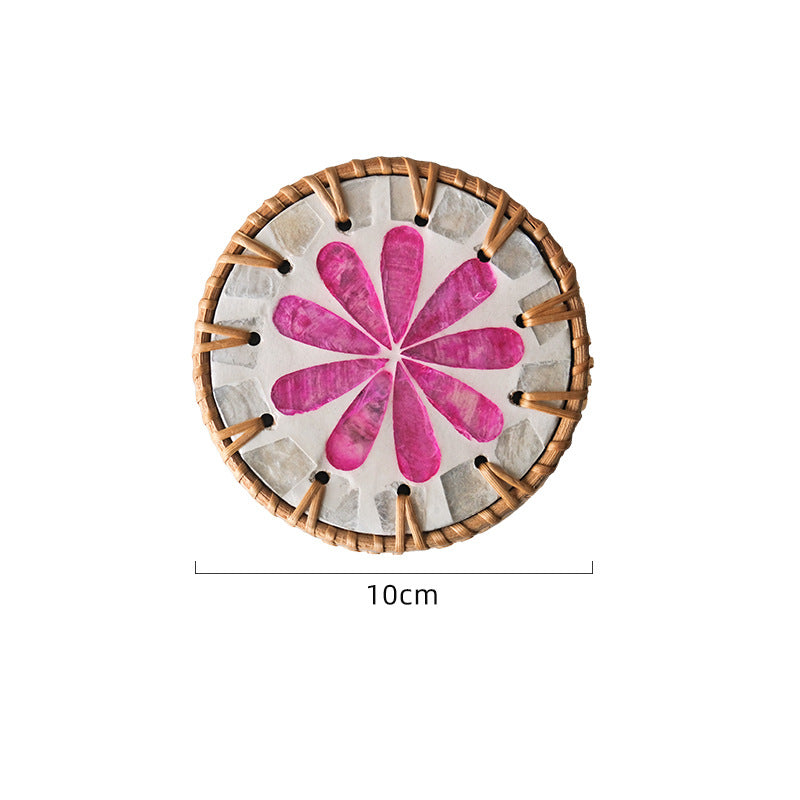 4 Pcs Khaki Background With Pink flower Handcrafted Rattan Coaster with Natural Shell Inlay - Decorative & Heat Insulating Drink Mat