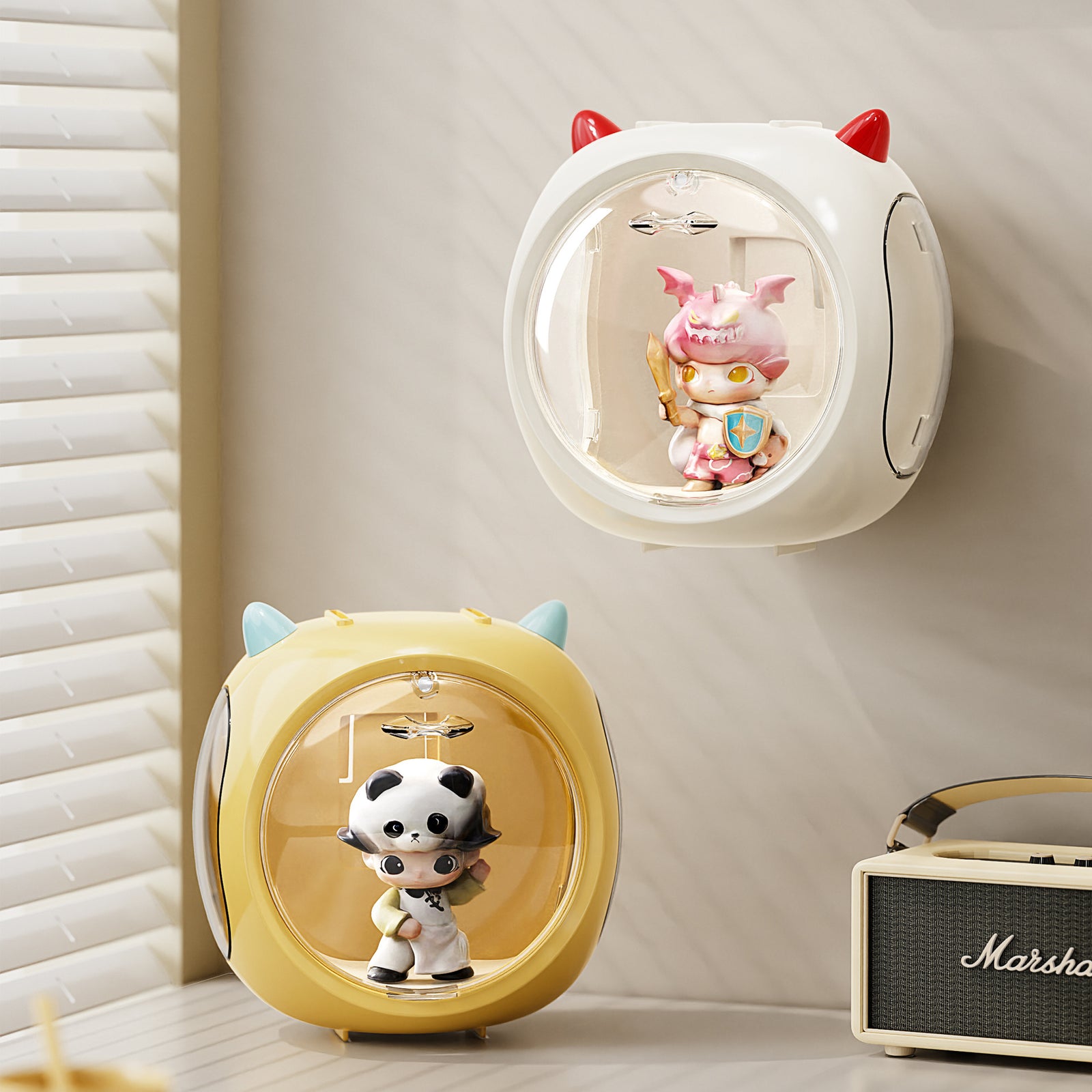 Blue And Purple Horn Acrylic Blind Box Display Case - Transparent Dustproof Storage for Figures and Collectibles(The model is a shooting prop and is not included)