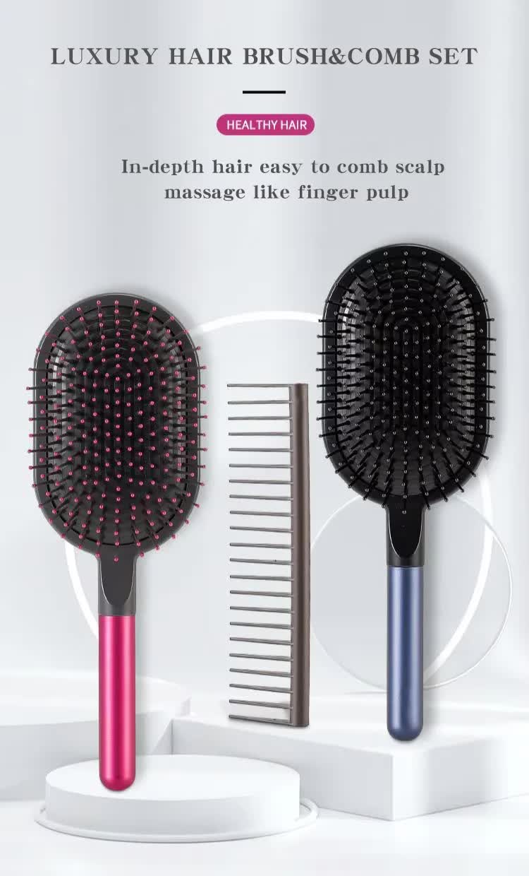 Grey Air Cushion Massage Paddle Brush & Wide Tooth Comb Set - Gentle Detangling for All Hair Types