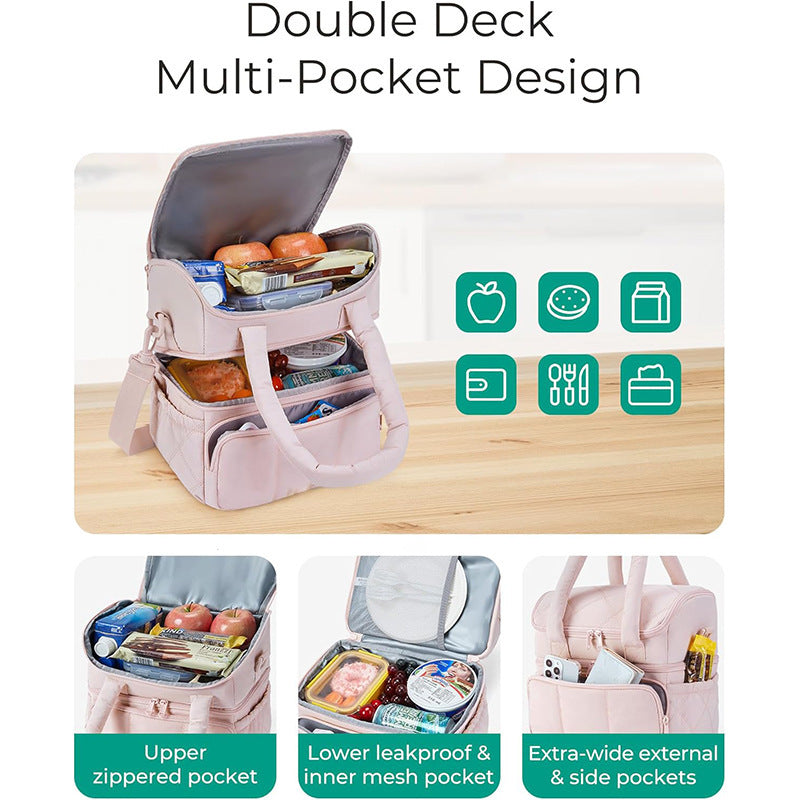 Pink Chic Double Deck Insulated Lunch Bag - Leakproof Cooler Tote for Women