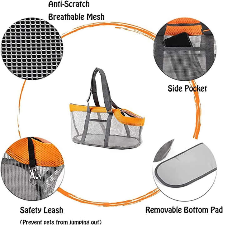 Orange And Grey Lightweight Breathable Mesh Pet Carrier Handbag - Portable Travel Tote for Small Dogs & Cats up to 8kg