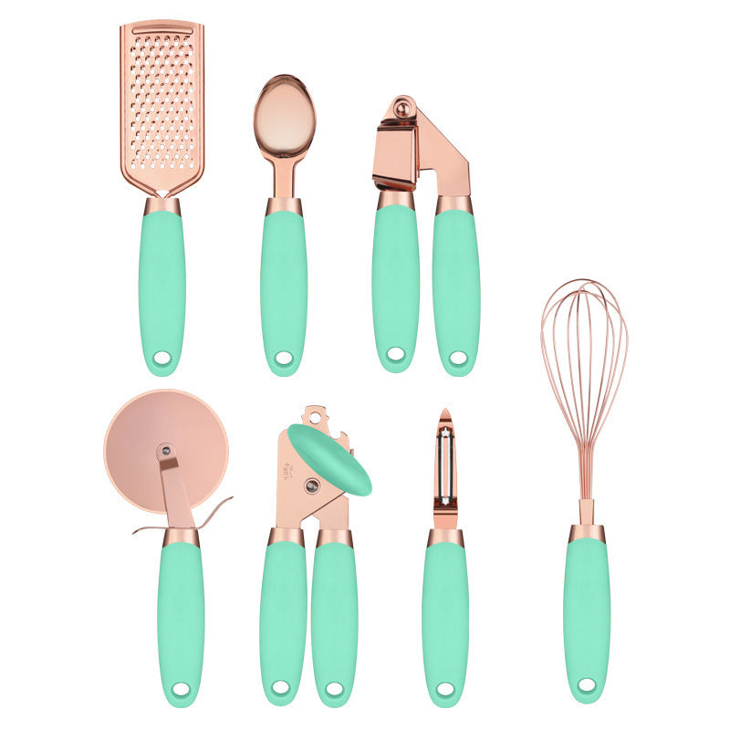 Green And Rose Gold 7-Piece Kitchen Gadget Set - Stainless Steel Utensils with Comfort Grip Handles