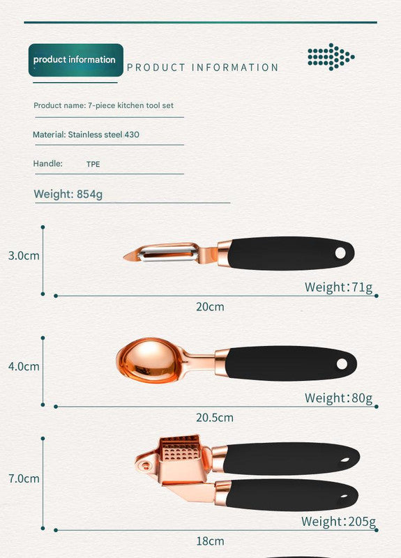 Green And Rose Gold 7-Piece Kitchen Gadget Set - Stainless Steel Utensils with Comfort Grip Handles