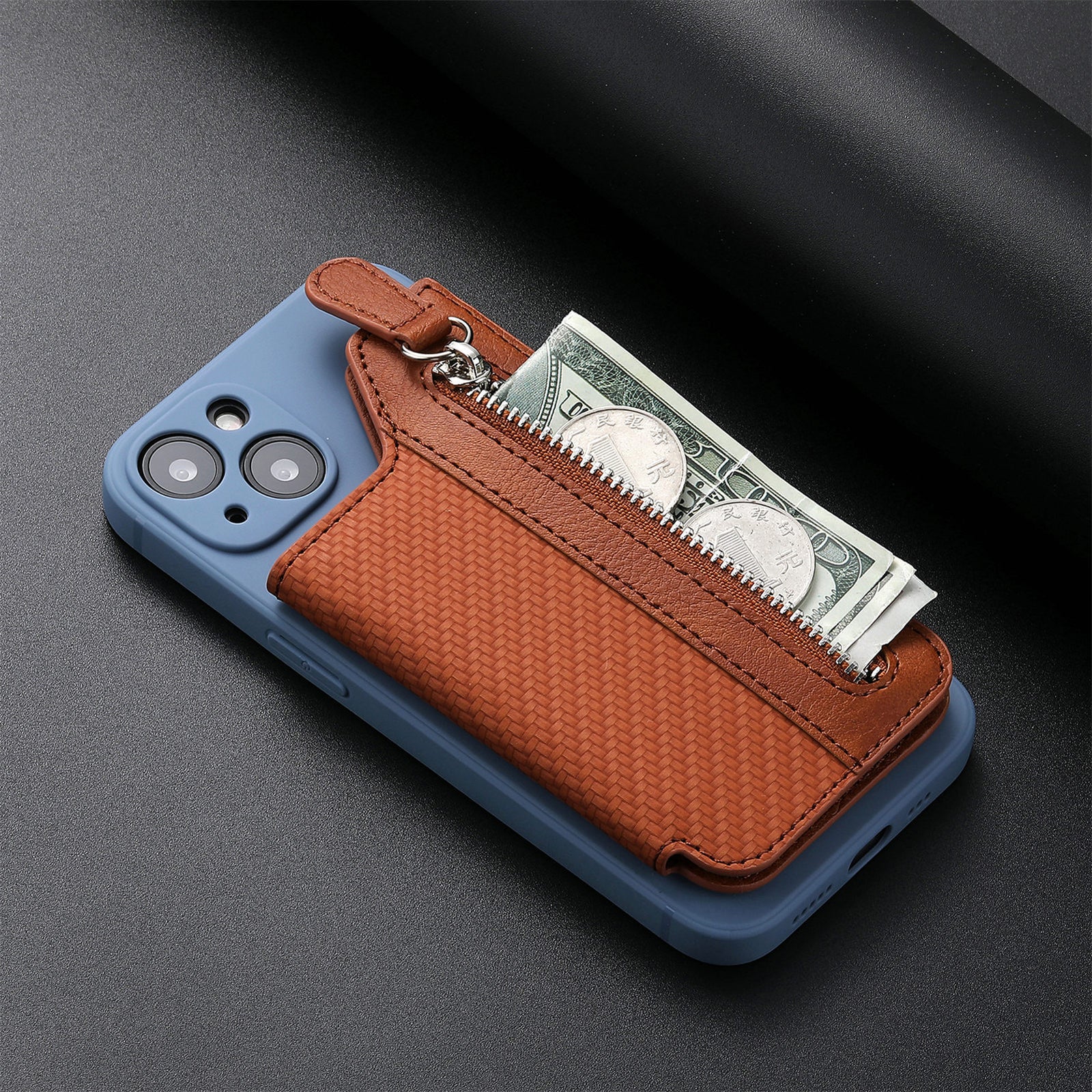 2 Pcs Blue Multifunction Stick-On Phone Wallet - PU Leather Card Holder with Zipper & Flip Cover