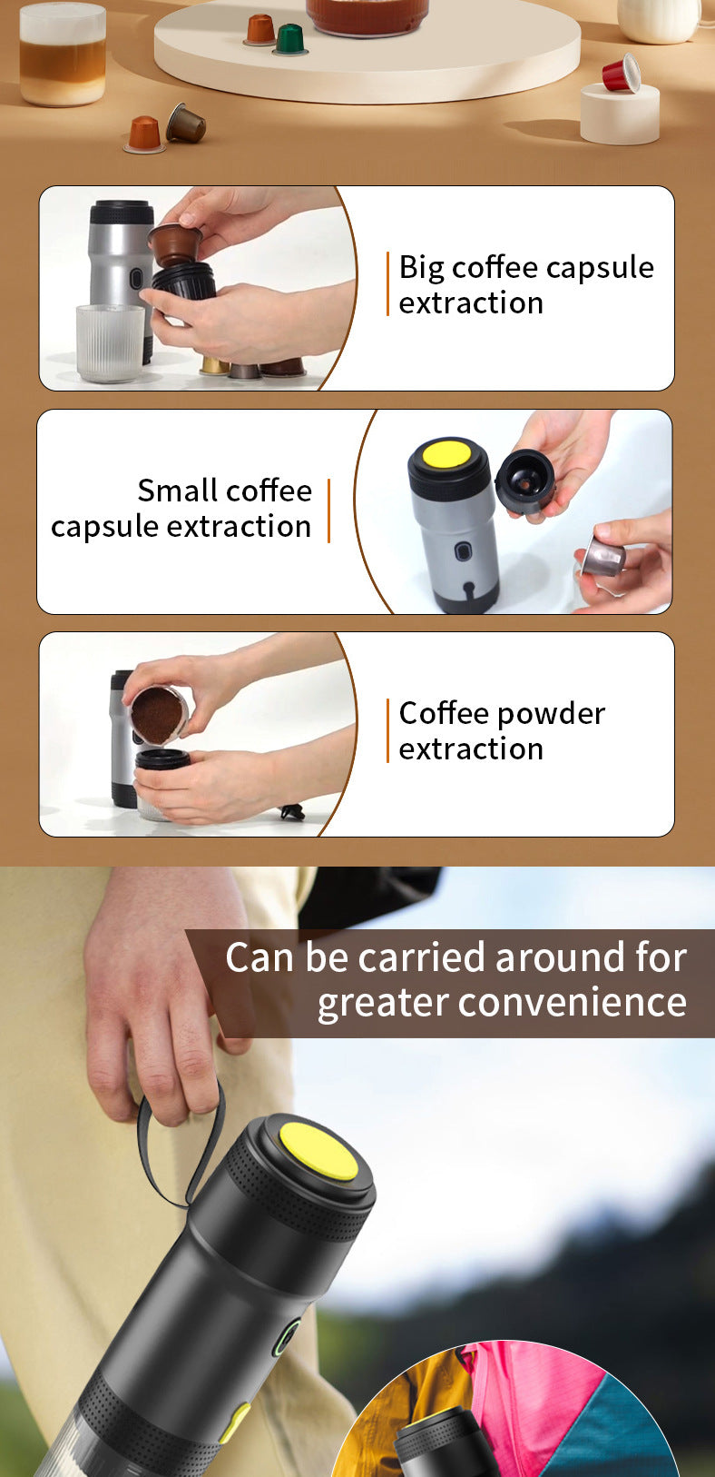 Green 3-in-1 Portable Electric Espresso Maker - Rechargeable Travel Coffee Machine for Capsules & Ground Coffee