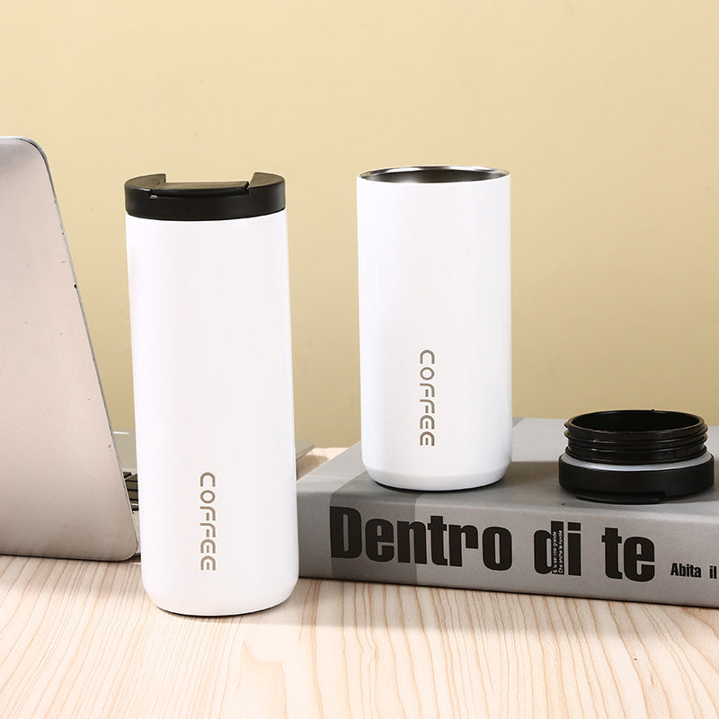 White Sleek Insulated Stainless Steel Coffee Tumbler Set (400ml & 500ml) - One-Touch Lid Travel Mugs