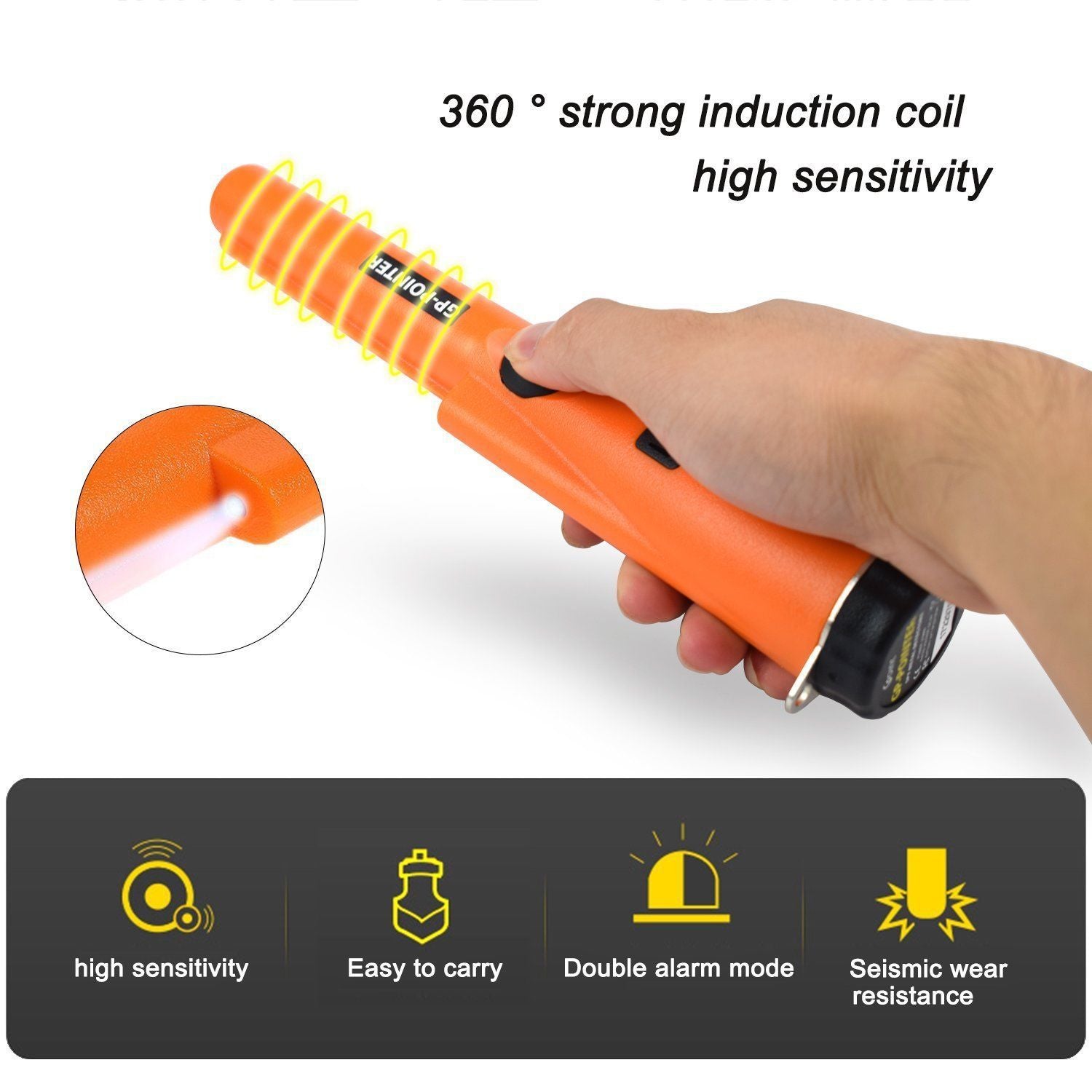 Orange High-Sensitivity Metal Detector Pinpointer - GP Pointer with Vibration and Audio Alert for Treasure Hunting