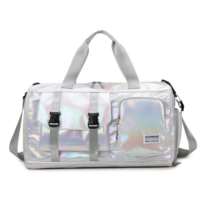 White Iridescent Gym Bag with Wet-Dry Separation - Large Capacity Travel and Fitness Duffel