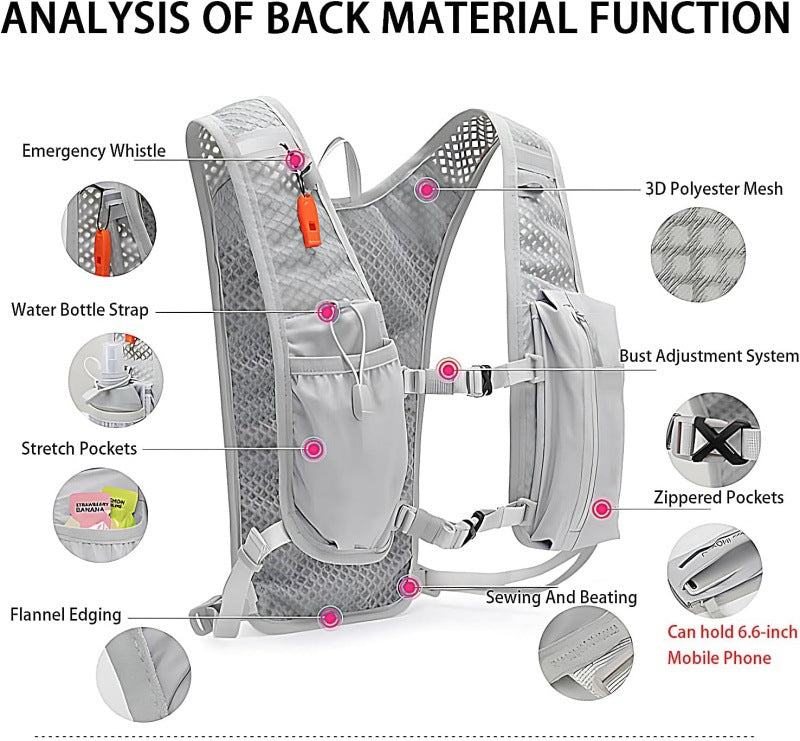 Grey Cycling Running Hiking Backpack - Breathable Hydration Pack with Vest Design for Biking, Marathon & Outdoor Sports