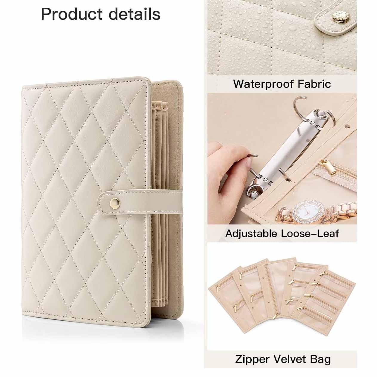 White Foldable Travel Jewelry Organizer - Velvet Zippered Case with Transparent Pages & Detachable Pouches