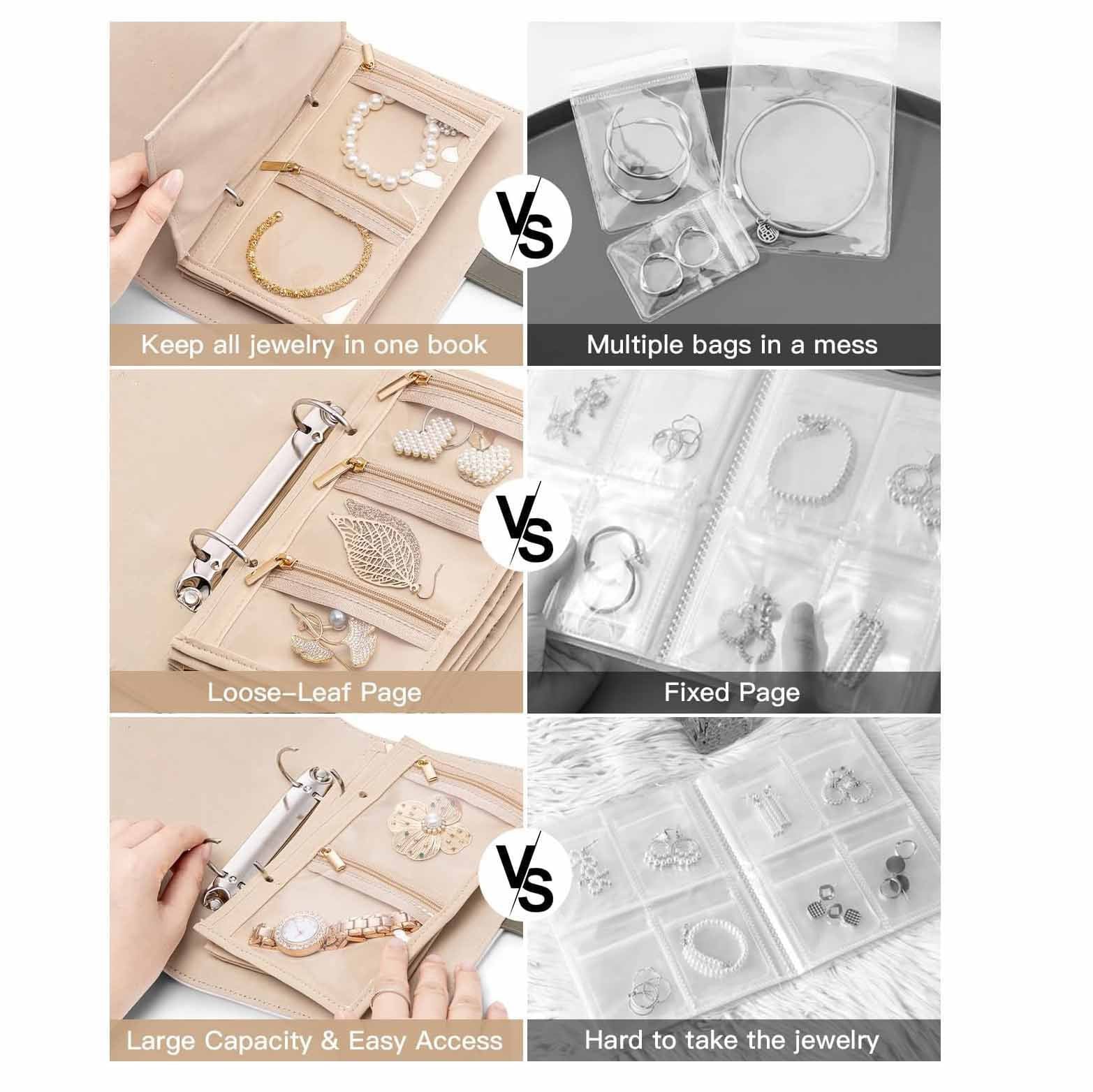White Foldable Travel Jewelry Organizer - Velvet Zippered Case with Transparent Pages & Detachable Pouches