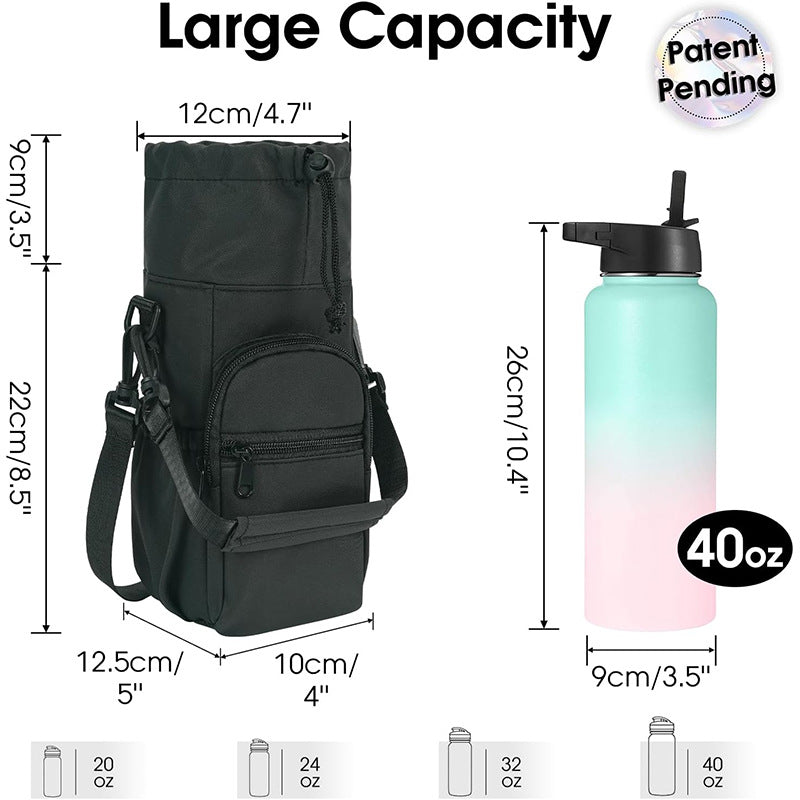 Black Insulated Cup Holder Bag with Adjustable Strap - Water Bottle Carrier with Lock Drawstring & Heatproof Handle