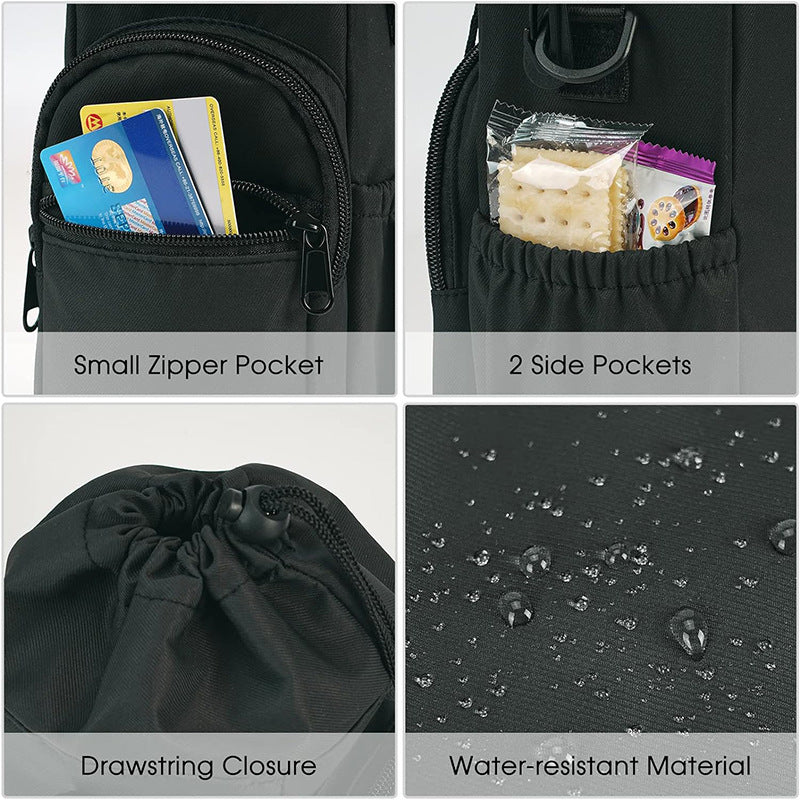 Black Insulated Cup Holder Bag with Adjustable Strap - Water Bottle Carrier with Lock Drawstring & Heatproof Handle