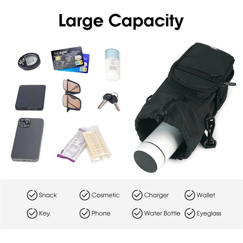 Black Insulated Cup Holder Bag with Adjustable Strap - Water Bottle Carrier with Lock Drawstring & Heatproof Handle