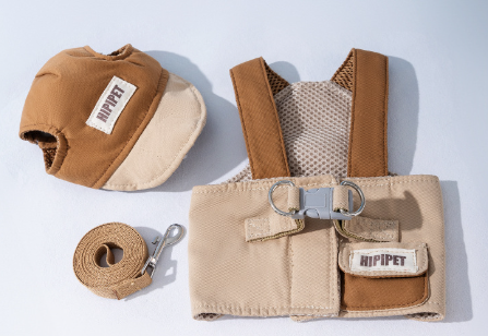L Brown Pet Sun Hat with Adjustable Strap + Leash & Harness 3-Piece Set - Breathable Summer Cap for Dogs & Cats with Ear Holes